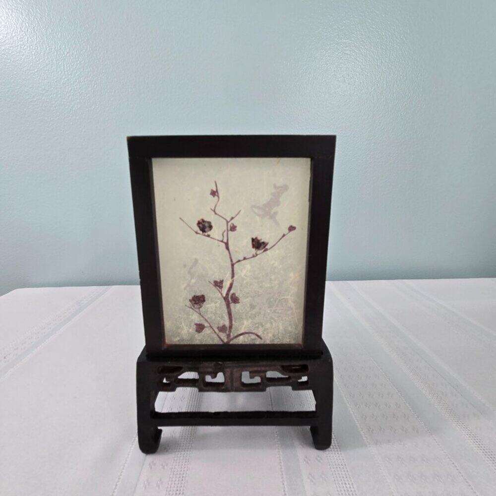 Oriental Style Wooden Frame Tea Candle Holder Frosted Sides Cherry Blossom Print
